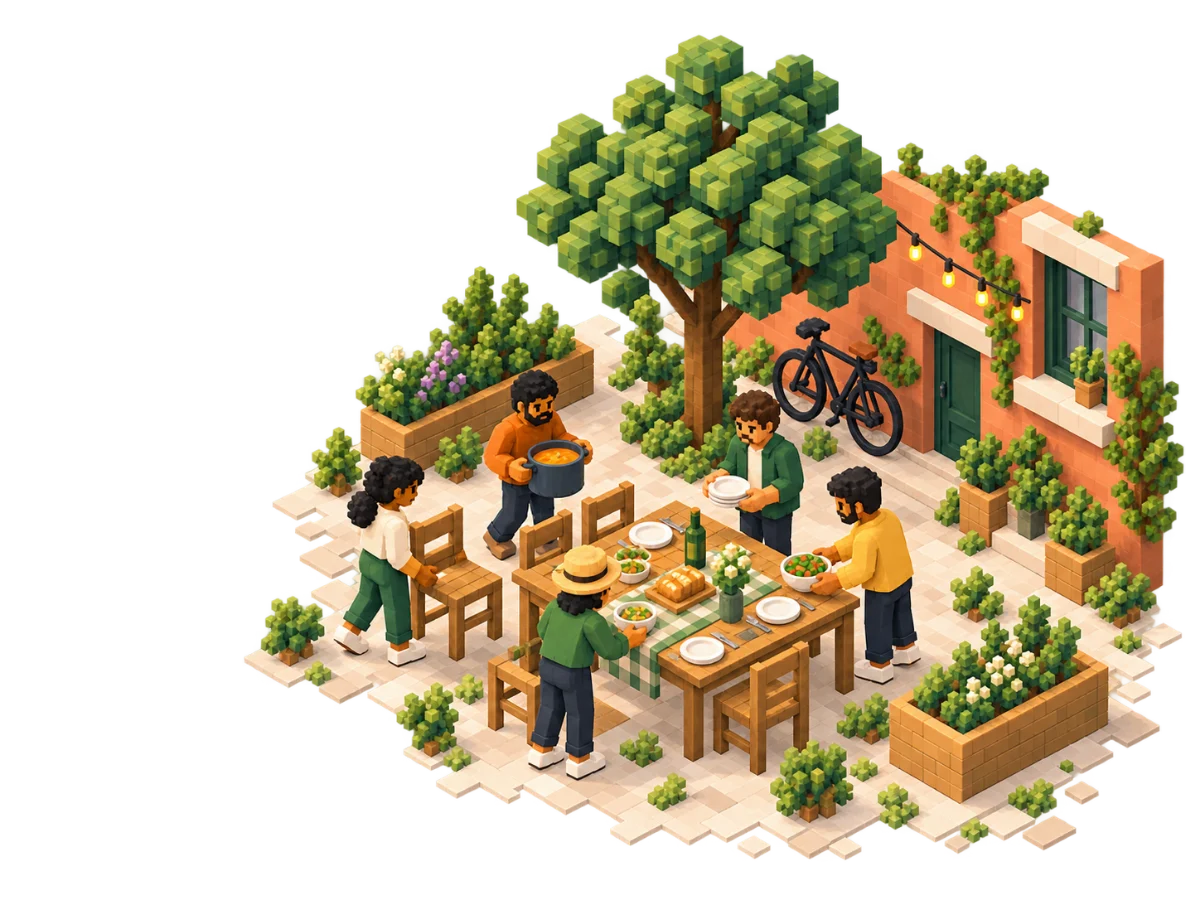 Illustration: neighbors setting a table for a shared dinner in a courtyard.